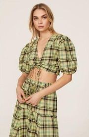 10 Crosby Yellow Plaid Bella Ruched V-neck Puff-sleeves Crop Top