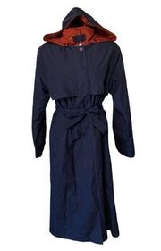 Vintage Investment Hooded Belted Trenchcoat Blue and Red Women's Size 10