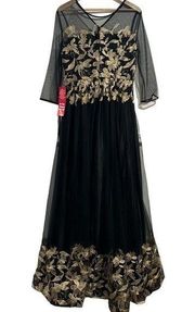 Tahari gown dress black gold floral embroidery‎ size 8 NEW NWT