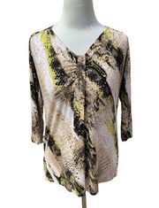 DANA BUCHMAN LADIES VNECK TOP TUNIC BLOUSE SHIRT ANIMAL ABSTRACT PRINT RUCHED M