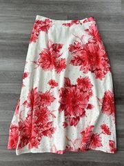 Coldwater Creek White Pink Floral MIDI Skirt Size S Linen