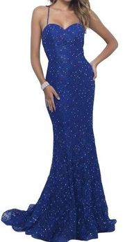 Intrigue Open Back Gown Rhinestone Spaghetti Strap Lace Blue Stretchy NEW 16