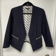 Ann Taylor Navy Blue Open Front Collarless Zip Blazer Jacket Women Size 2 XS