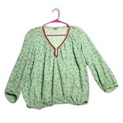 Aerie Green Cotton Peasant Blouse Popover Boho Top Pink Trim Women’s Size Small