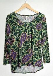 LuLaRoe Lynnae Long Sleeve Blouse Paisley Print Green/Purple Size Medium