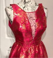 Metallic Shiny Puffy Overlay Print Fuchsia Magenta Cutouts Gold Prom Open Back Coquette Colorful Bright XV Damas Dance