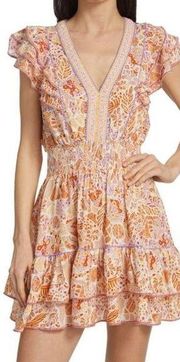 Poupette St Barth Dress Floral V-Neck Flounce Mini Dress Orange Size S