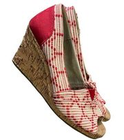 Toms Red White Woven Cork Wedge Peep Toes Sandals Summer Spring Shoes Sz 10