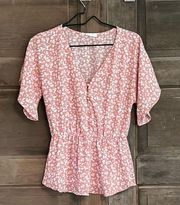 Sienna Sky Pink Floral Print Elastic Waist Top Blouse Size Small