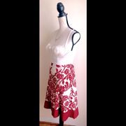 Red & Cream Fit & Flare Midi Skirt: Decorative Design, High Waist, Silk, Sz. 2