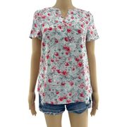 Kensie (XS) Gray Red Rose Floral Short Sleeve Tee Shirt Womens V Neck