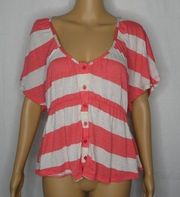 Toska Button Up Striped Blouse Netting Crocheted Lace Contrast Scoop Neck Coral