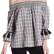 Very J Gingham Tassel Off Shoulder Blouse