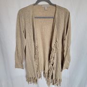 Laura Ashley Tan Heathered Wool Blend Open Fringe Women's Cardigan Size Large