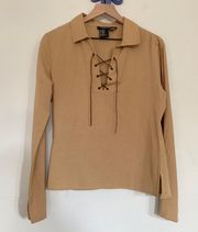 Medium Lace Up Long Sleeve Collar Top Linen Blend Tan 90s Y2K Western