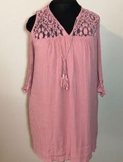 Heartloom Cold shoulder lace boho Dress small pink long sleeve summer beach