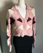 New Cotton On Fluffy Rib Eyelash Cropped Argyle Button Up Cardigan Sweater