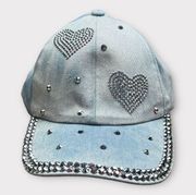 Baseball Denim Adjustable Cap | Double Rhinestone Hearts Design Blue/Silver