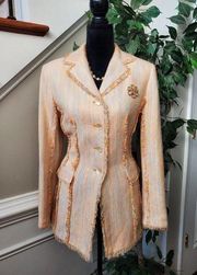 Larry Levine Yellow Long Sleeve Fringe Detailed Single Breasted Coat Size 8