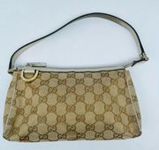 Gucci Beige Metallic Gold leather trim Canvas GG monogram Abbey D Ring Pouchette