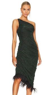 Saylor Black & Green Hilaria Feather Hem One Shoulder Midi Dress Women’s Small