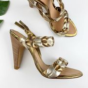 BCBGMaxAzria Sandals Heels Braided Gold Silver Leather Women’s 8