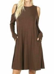 Long sleeve cold shoulder brown shift dress size medium