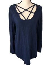 Earth Yoga Size XXL Top Tunic Criss Cross Front Long Sleeve Organic Cotton Blue