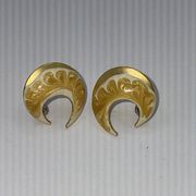 Vintage Gold Tone Enamel Swirl Crescent Half Moon Stud Earrings