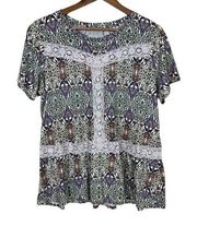 LOGO Lori Goldstein Top Womens Large Multicolor Crochet Floral Modal Tee Shirt