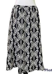 Chico’s MIDI Skirt Black White Silk Sz 1 Elastic Waistband Modest Long Skirt