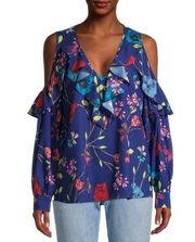 PARKER Valencia Eclispe Womens Blue Floral Ruffle Cold Shoulder Blouse Sz Small