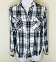 Sam Edelman Split Back Button Down Shirt SMALL Black Plaid Long Sleeve White Top