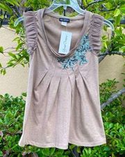 NWT Miss Chievous Tan Top with Floral Applique & Ruffle Cap Sleeve Size S