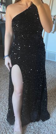 Black Sequined One Shoulder Prom Dress