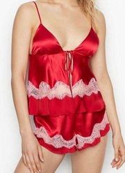 VS 2 Piece Red Satin Cami Set Small Lace Trim Pajama Sz Small