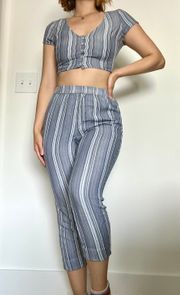 Blue And White Striped Crop Top Set