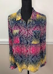 s Weekend Tribal Print Multicolored Button Up Blouse Size Large