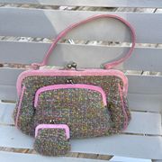 Nest pink suede + multicolor tweed purse + matching coin purse💐💗