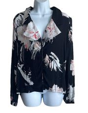 Leith Blouse Top Collared Long Sleeve Button Up Medium Black Floral Print Artsy