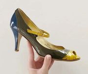 Penelope Vintage Patent Leather Peep Toe Mary Jane Heels Charcoal Size 7