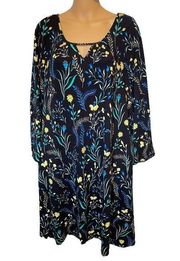 Kaari Blue Curvy Plus Size Black Boho Whimsical Earthy Floral Long Sleeve Dress