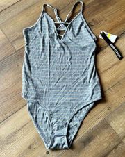 Room Service Top Bodysuit Medium Gray Women's Ladder V Neck Striped Tank Ribbed