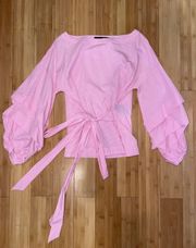 Womens  Pink Plaid Ruffle Sleeve Top Sz XS