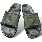 Johnny Was Calme Leather Fur Space Camo Camouflage Slides Olive Green Size 10