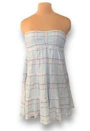 True Craft Dress Pastel Blue Plaid Strapless Seersucker Lace Detail Mini