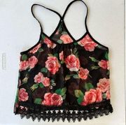 floral spaghetti strap crochet hem tank top size small