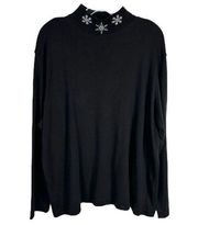 Bobbie Brooks Plus Size 22W 24W Top Black Embroidered Snowflakes Mock Neck 268