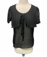 Kardashian Kollection Sheer Tie Bow Front Top Blouse Keyhole Back Black Medium