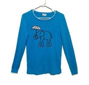 Crown & Ivy Women’s Blue Long Sleeve Elephant Umbrella Sweater Top Size XS